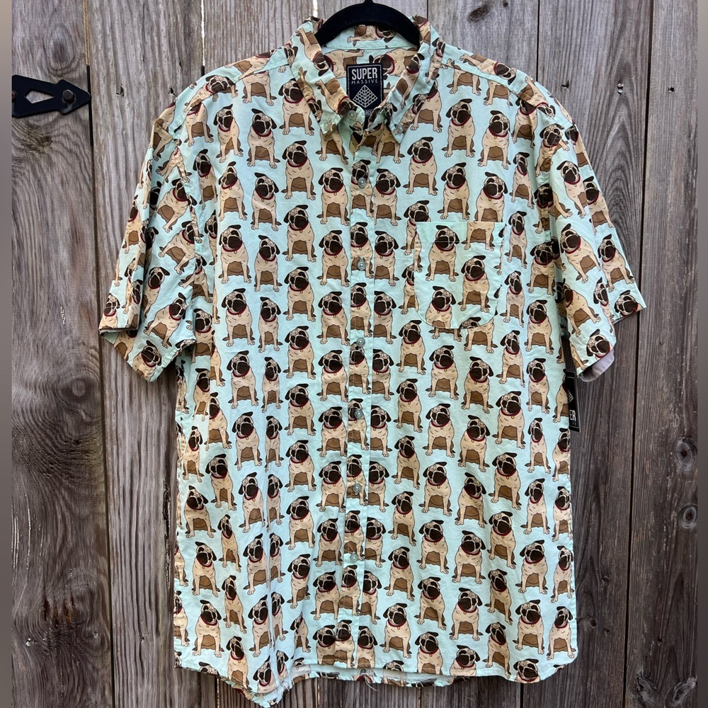 SUPER MASSIVE Pug Casual Short Sleeve Button Down Shirt Mens Extra Large NWT NEW